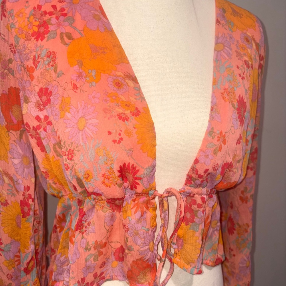 Floral Bell Sleeve Tie Front Boho Festival Top Womens Size Medium Orange - Picture 2 of 11